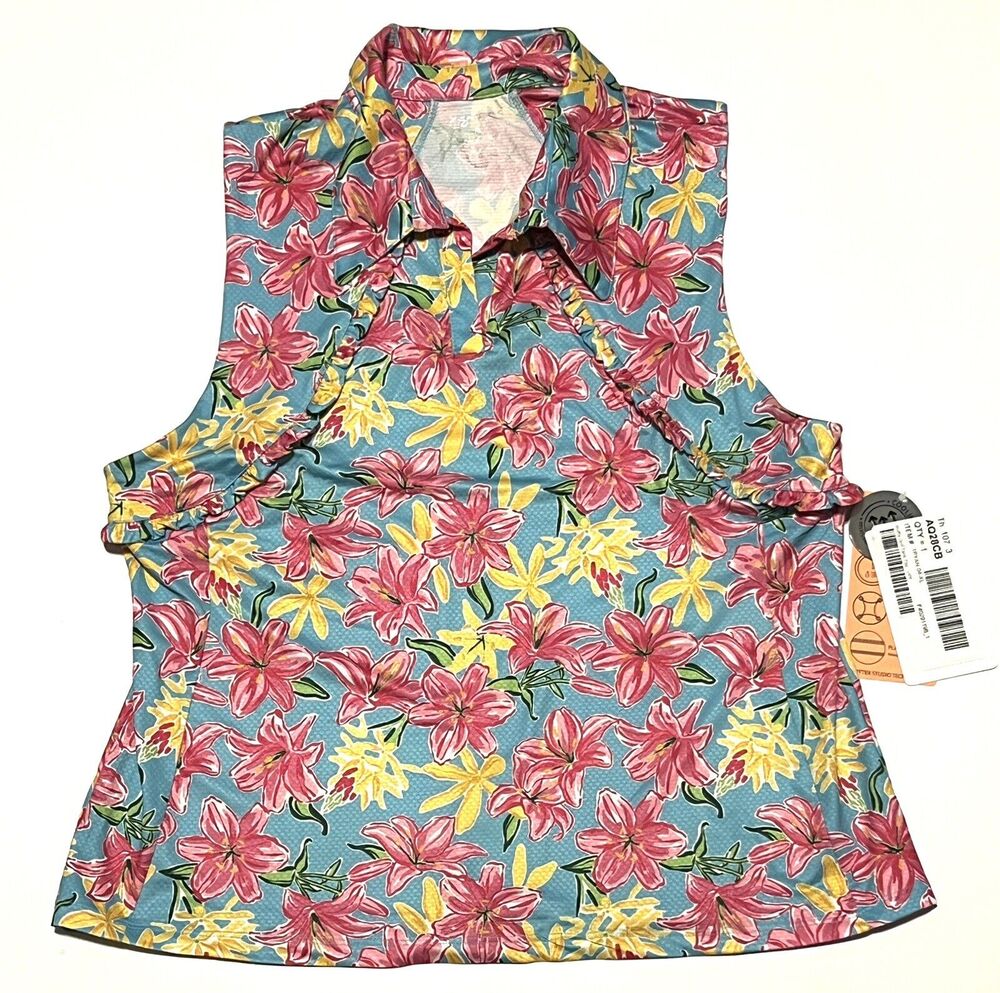 Gottex Ruffle Sleeveless Golf Tank Top Shirt Collar XL Tennis Aqua Flower Pink